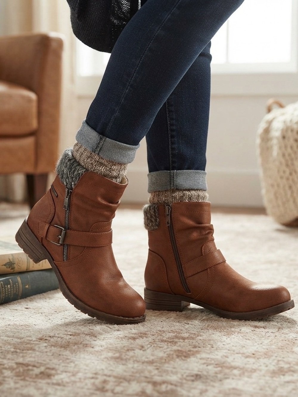 Yellow Brown Knit Cuff Buckle Combat Ankle Boots